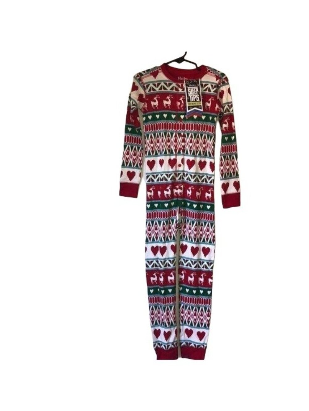 Hatley NWT Christmas One-Piece Pajamas Reindeer Size 4 Hearts Red White Green